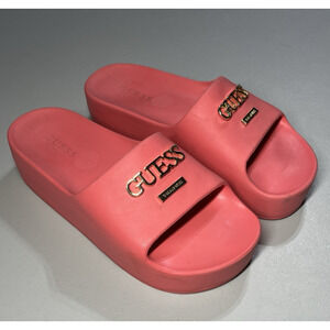 Guess Slides Womens 8 M Pink Platform Gold Metal Logo Slip On Sandals